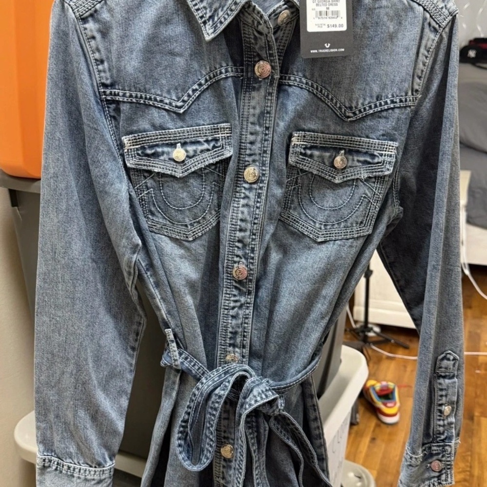 True Religion Light Blue Denim Button-Up Shirt Dress with Belt size Medium women